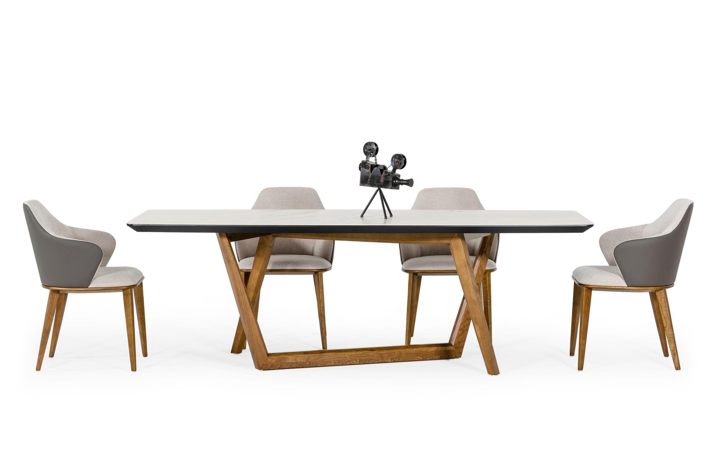 Contemporary, Modern Dining Room Set James Megan VGCSDT-19078-WAL-DT-9pcs in Walnut, Gray Leatherette