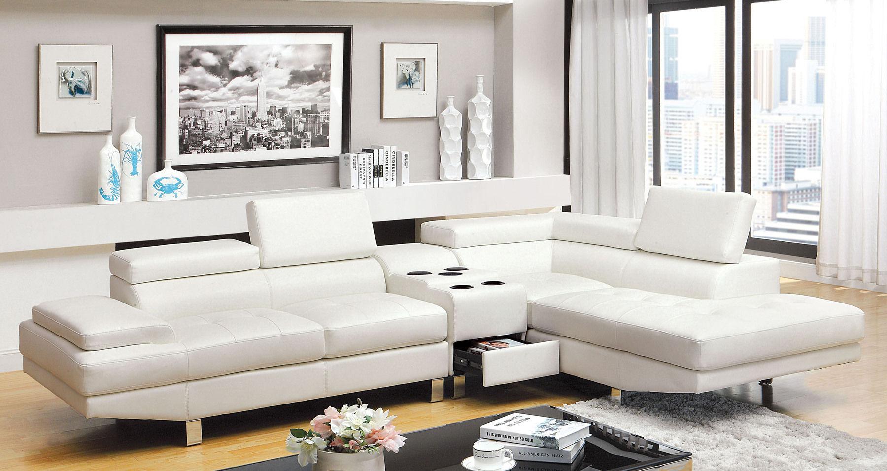 

    
Contemporary White Bonded Leather Sectional Sofa and Speaker Console Furniture of America Kemina

