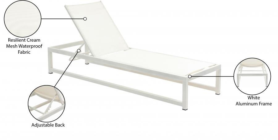 

    
 Photo  Contemporary White/Cream Aluminium Chaise Lounge Meridian Furniture Maldives 347Cream-CL
