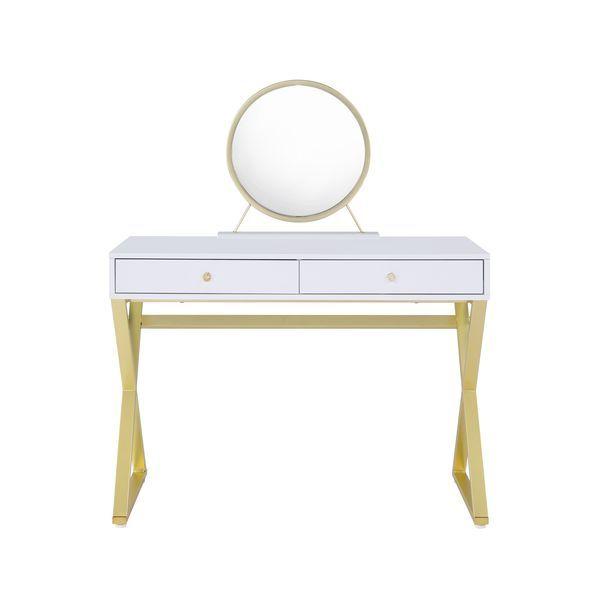 

    
Contemporary White & Gold Finish Vanity Desk w/ Mirror by Acme AC00667 Coleen
