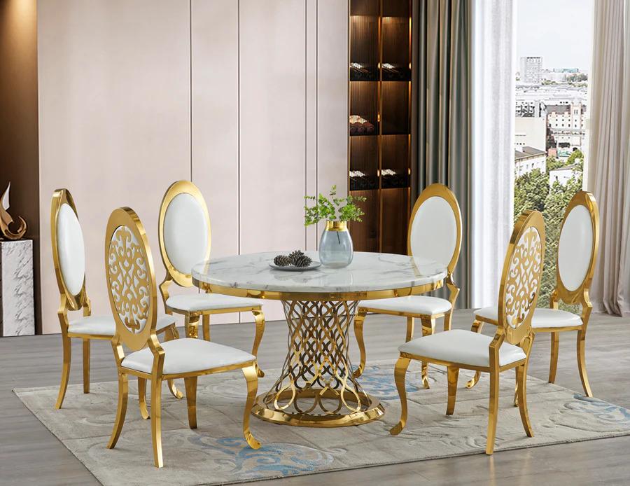 

    
Modern White Faux Marble & Gold Base Round Dining Table McFerran D1011
