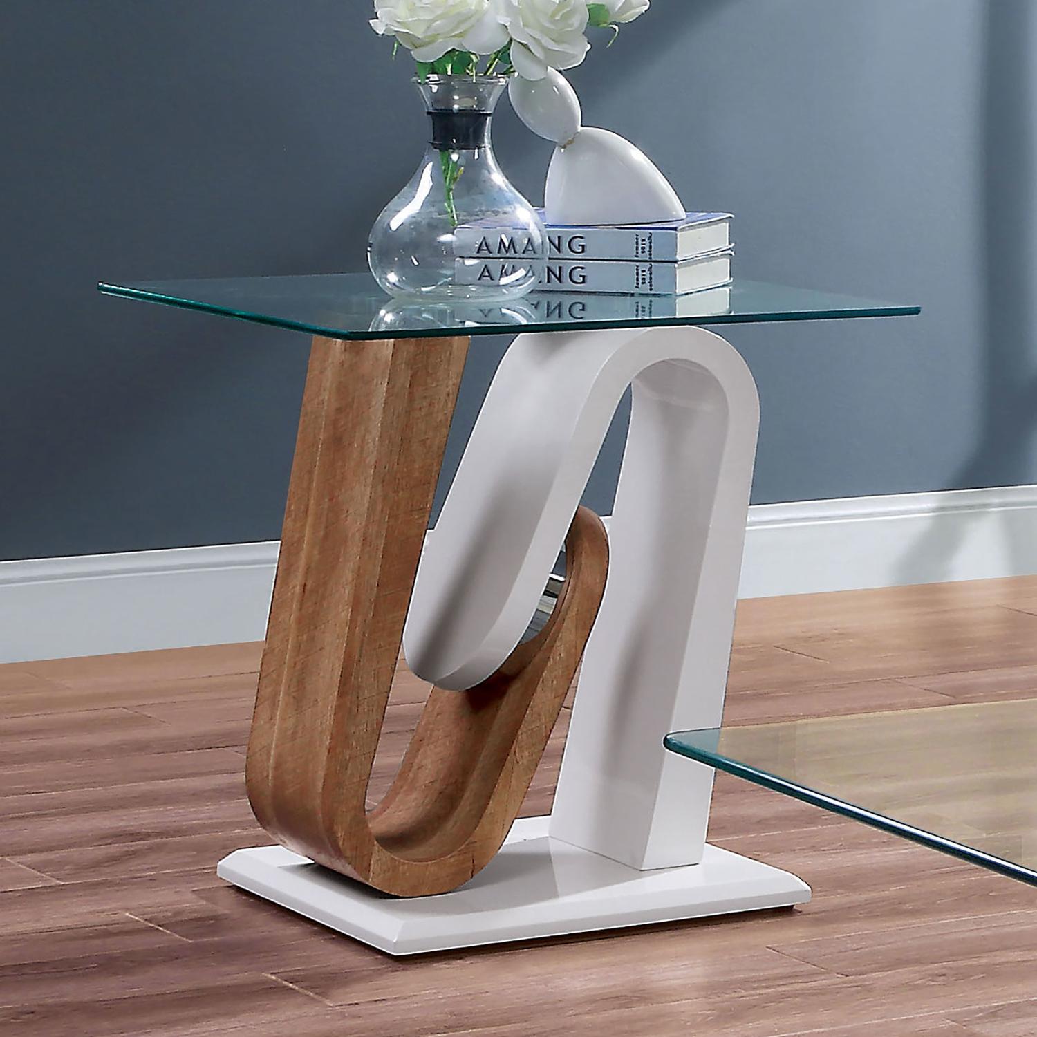 

    
Contemporary White & Natural Tempered Glass Top End Table Set 2pcs Furniture of America Batam
