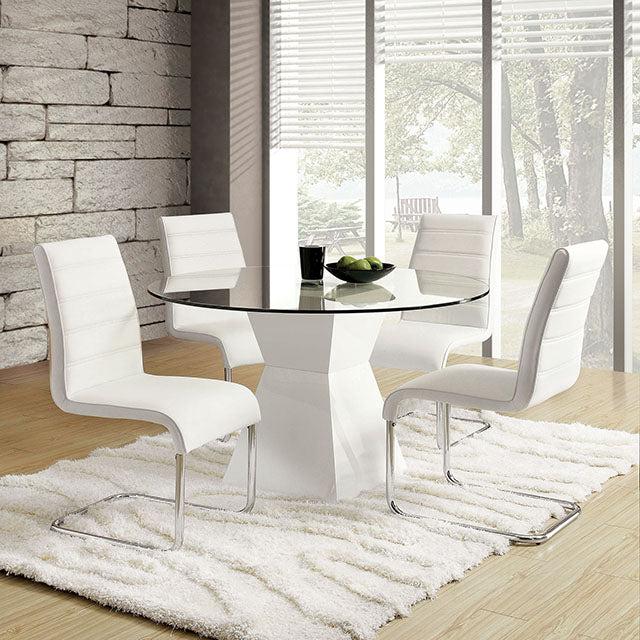 

    
Contemporary White Tempered Glass Dining Room Set 5pcs Furniture of America Mauna
