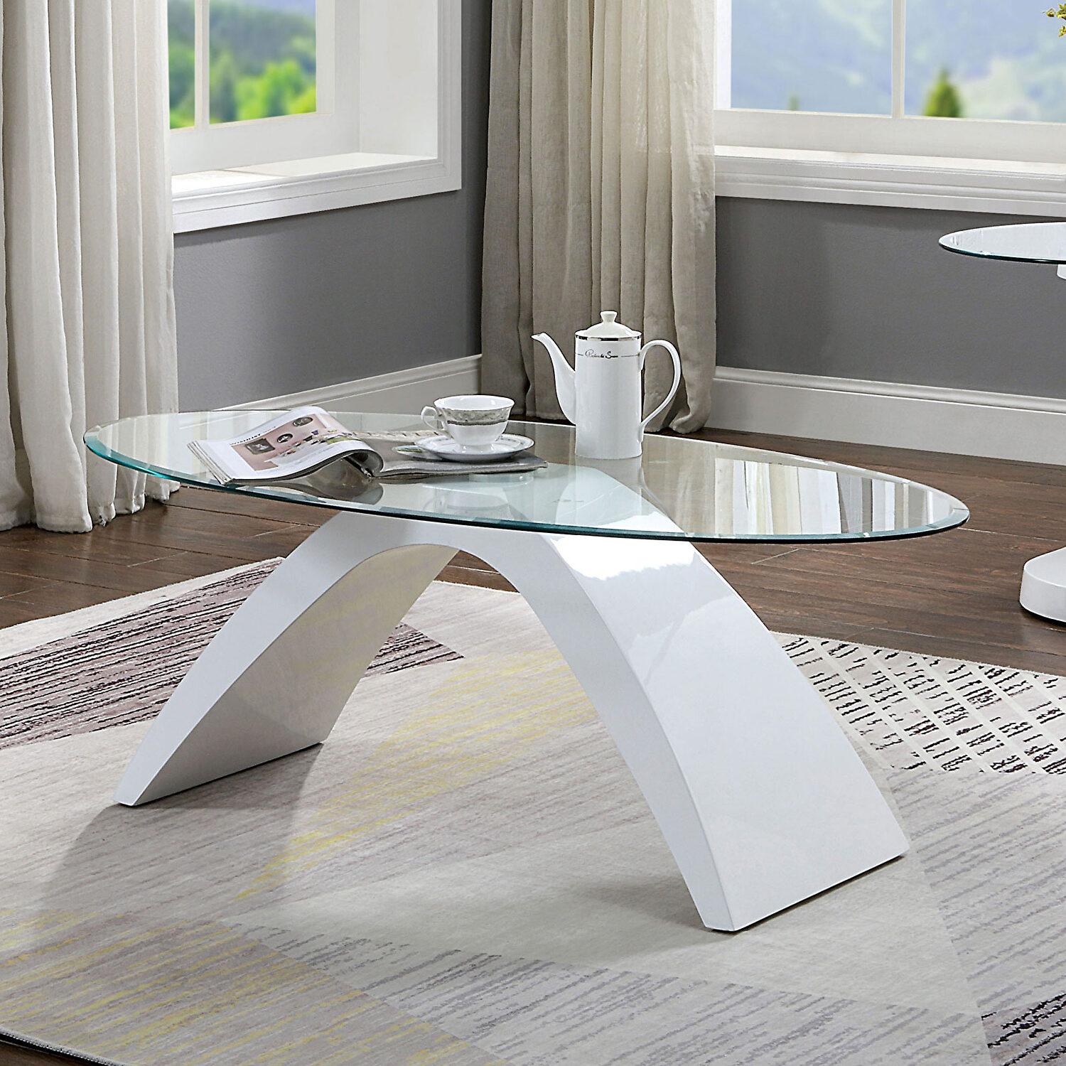 

    
Contemporary White Tempered Glass Top Coffee Table Furniture of America FOA4042WH-C Nahara
