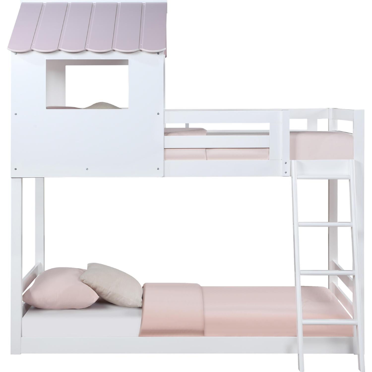 

    
Cottage White & Pink Twin/Twin Bunk Bed by Acme Solenne BD00705
