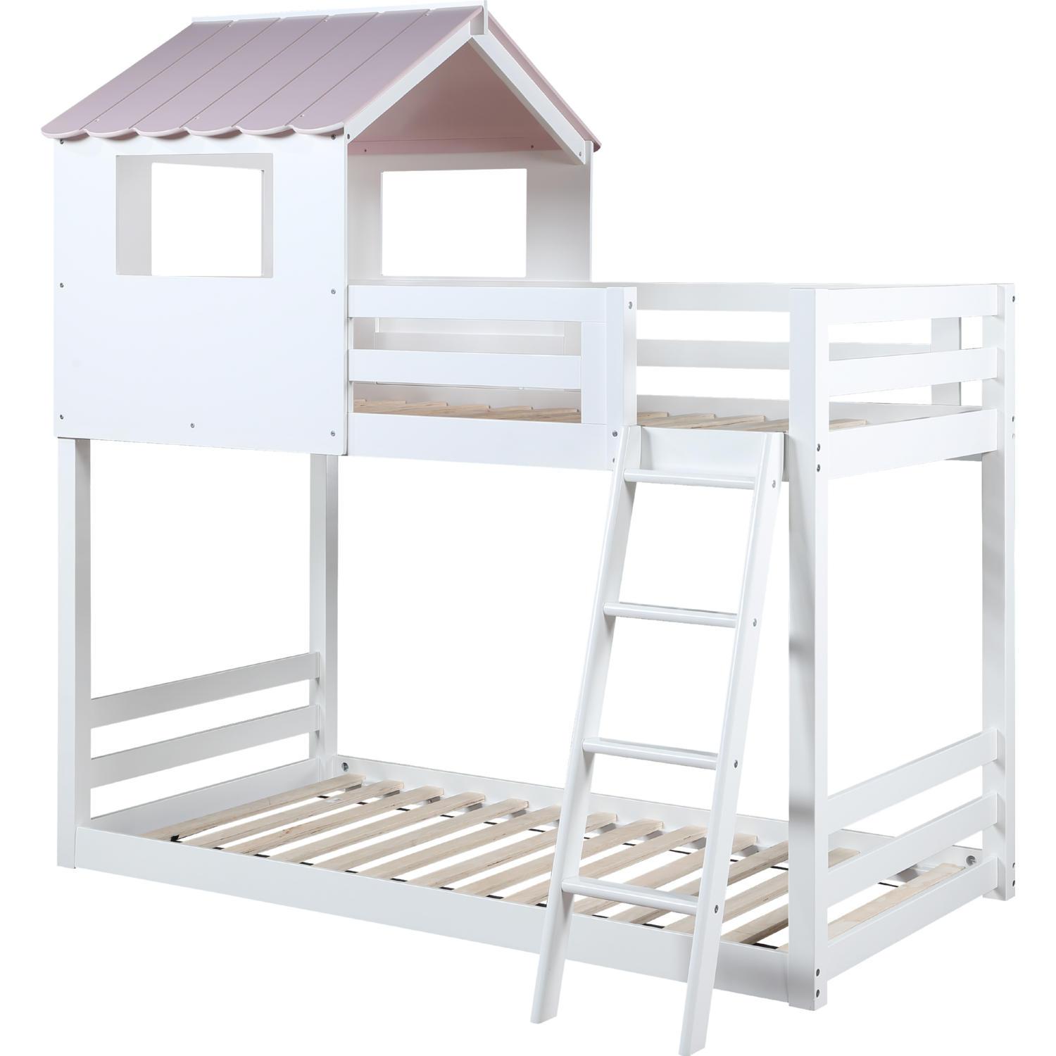 Transitional, Cottage Twin/Twin Bunk Bed Solenne BD00705 in White, Pink 