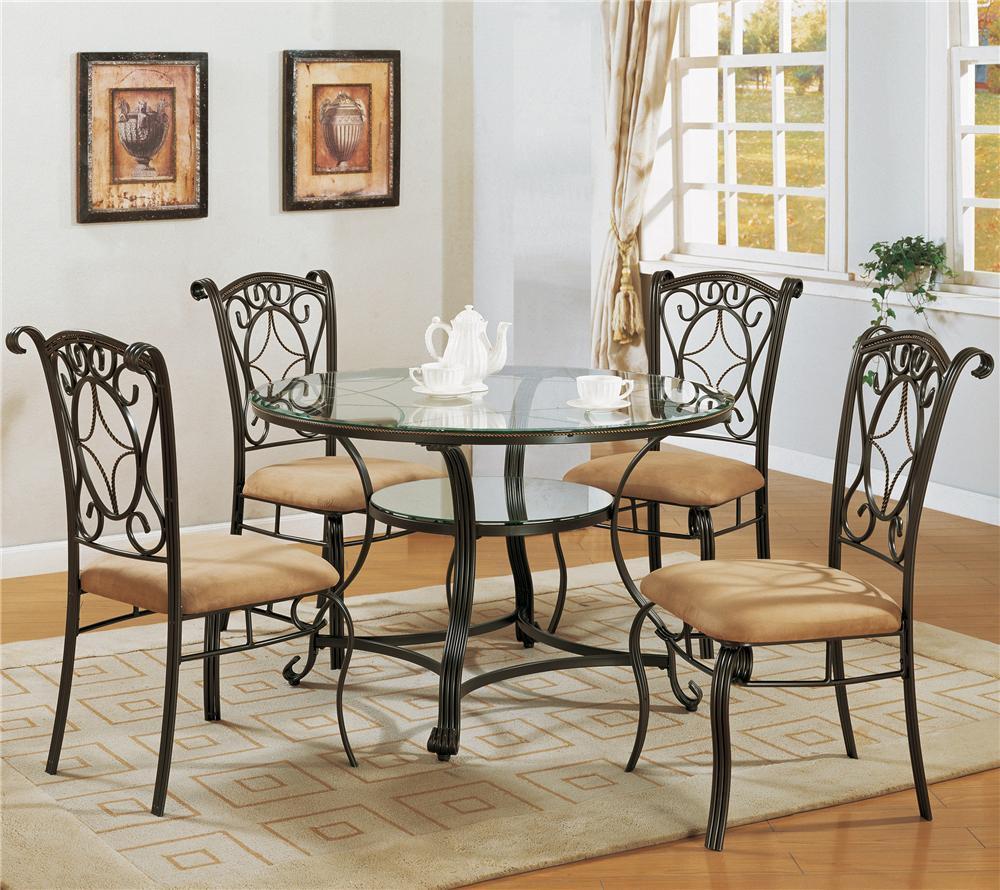 

    
Crown Mark 1843 Jessica Modern Casual Round Table Desert Sand Fabric Chairs 5Pcs

