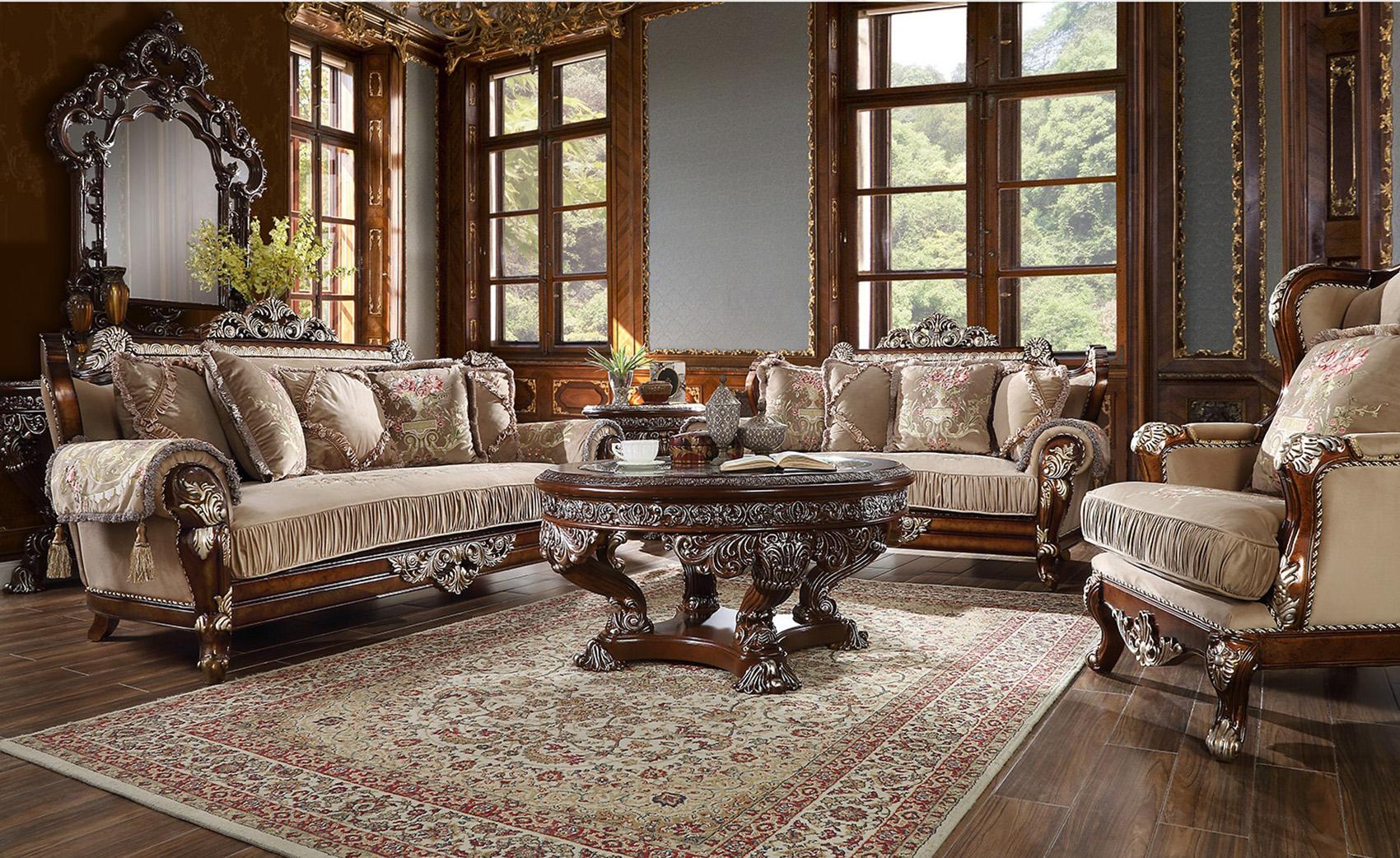 Traditional Sofa Set HD-562 HD-562-SSET3 in Antique Silver, Brown Fabric