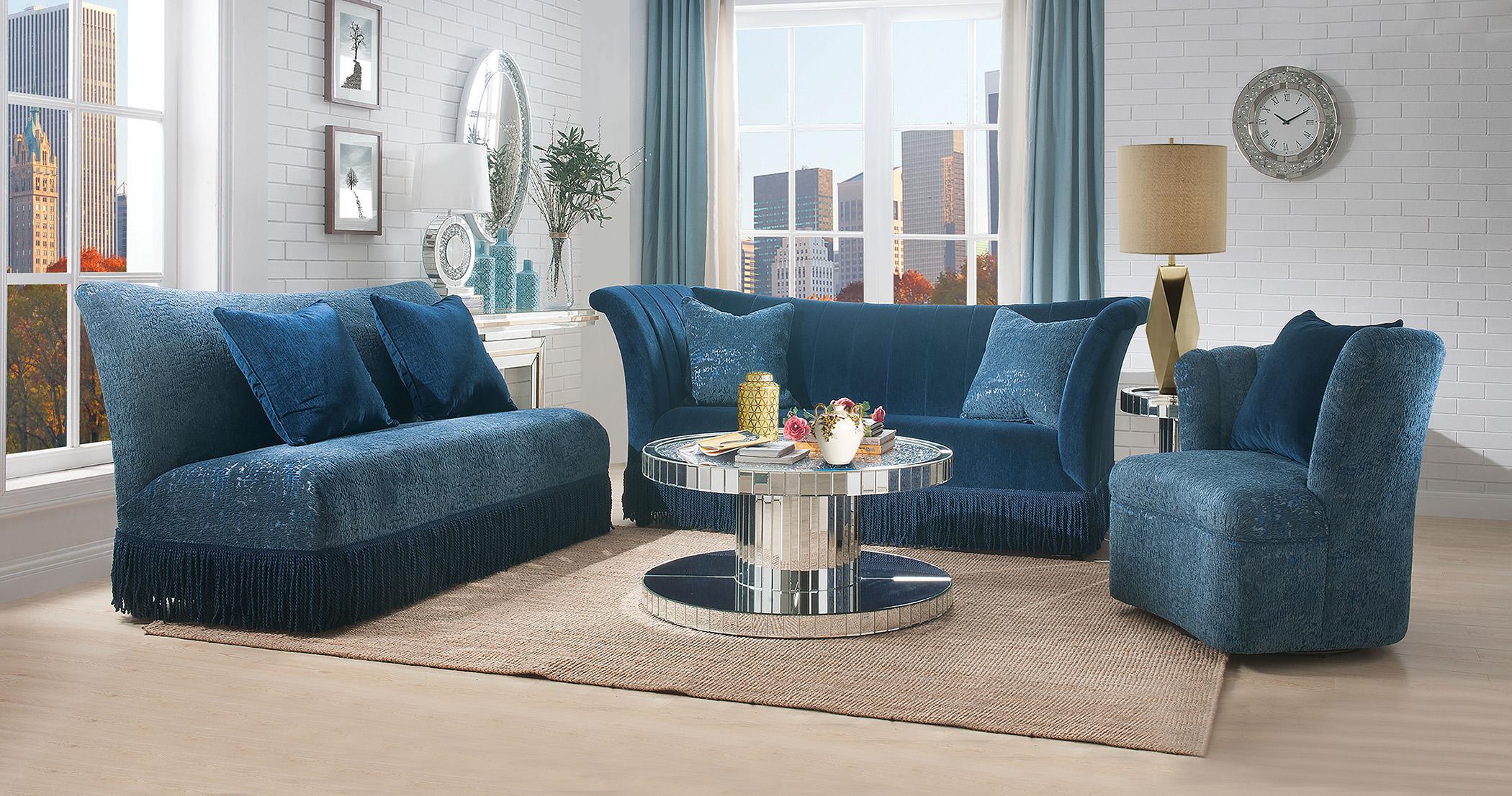 Classic, Traditional Sofa Loveseat and Chair Set Kaffir Kaffir-53270-Set-3 in Dark Blue Fabric