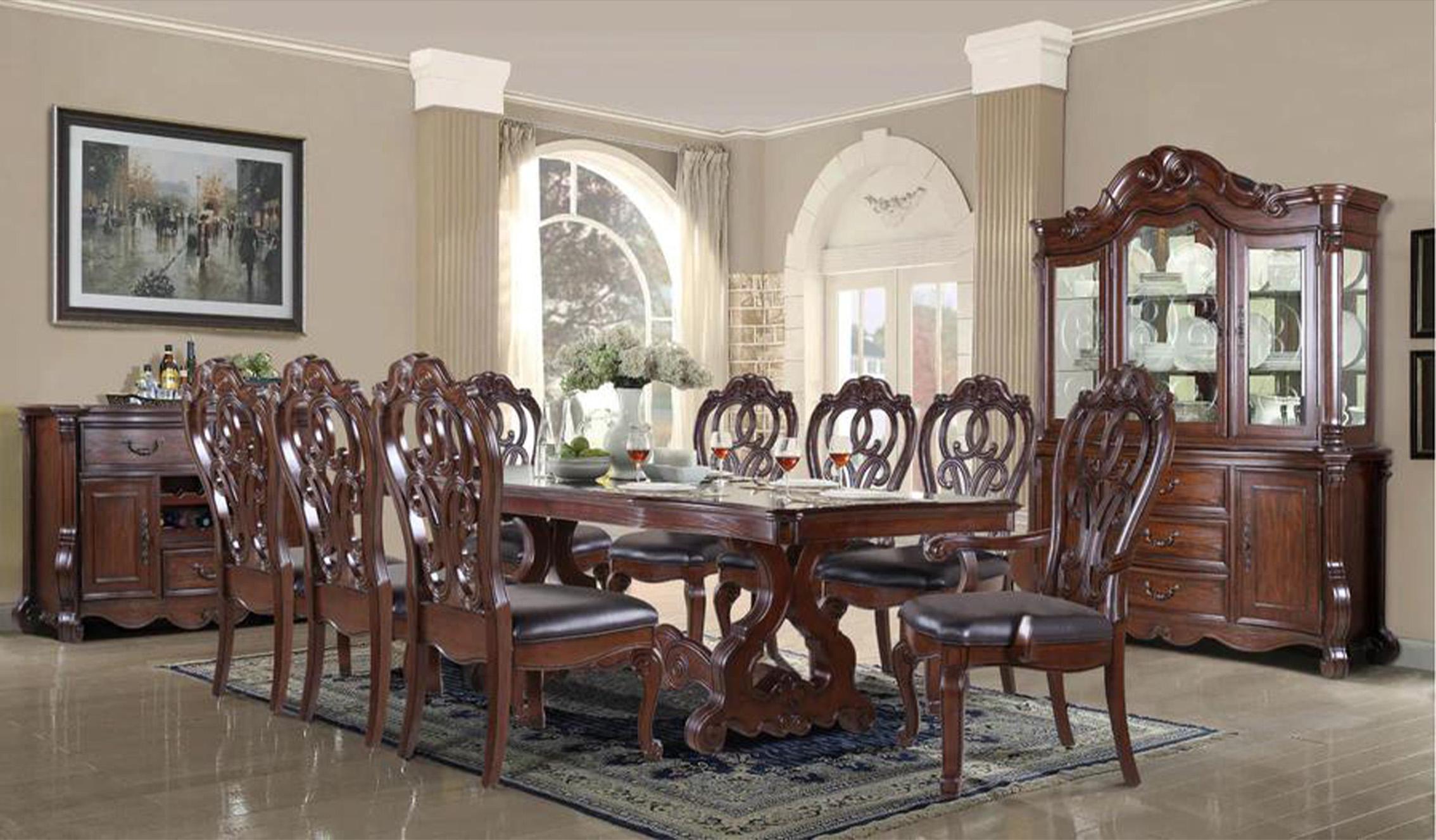

    
Dark Cherry Carved Wood Rectangle Dining Table Set 10Pcs Traditional McFerran D528
