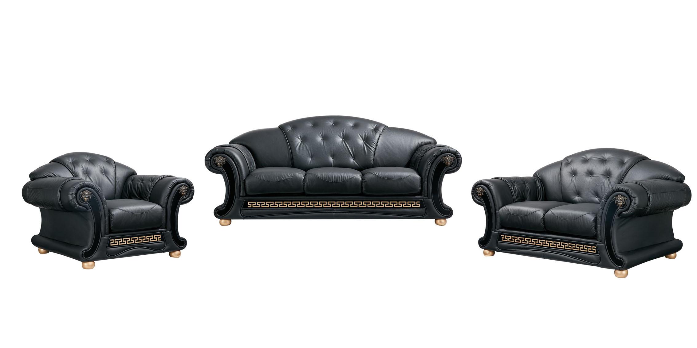 

    
Black Genuine Leather Sofa Set 3Pcs Traditional Made in Italy ESF Apolo
