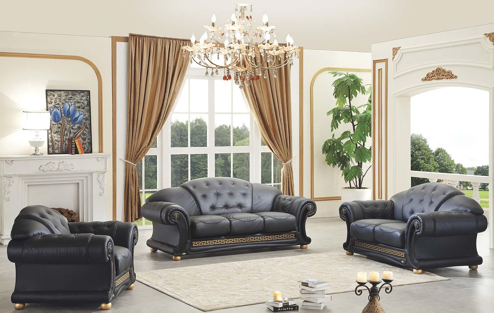 

    
Black Genuine Leather Sofa Set 3Pcs Traditional Made in Italy ESF Apolo
