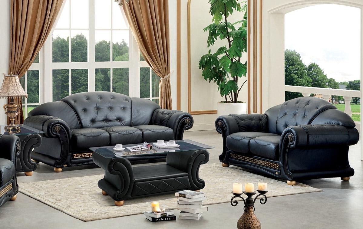 

    
 Shop  Black Genuine Leather Sofa Set 2Pcs Made in Italy ESF Apolo
