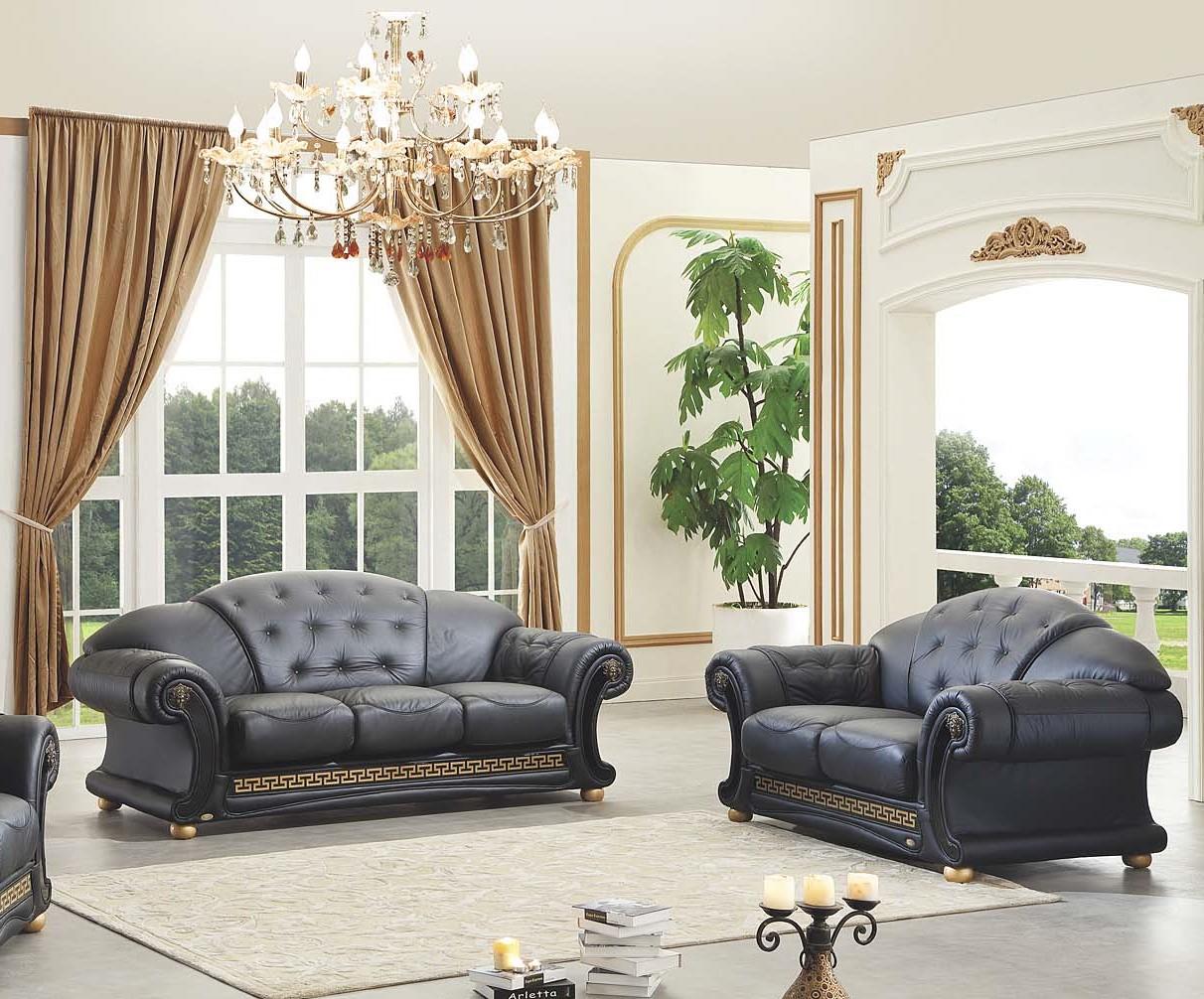 

    
Black Genuine Leather Sofa Set 2Pcs Made in Italy ESF Apolo
