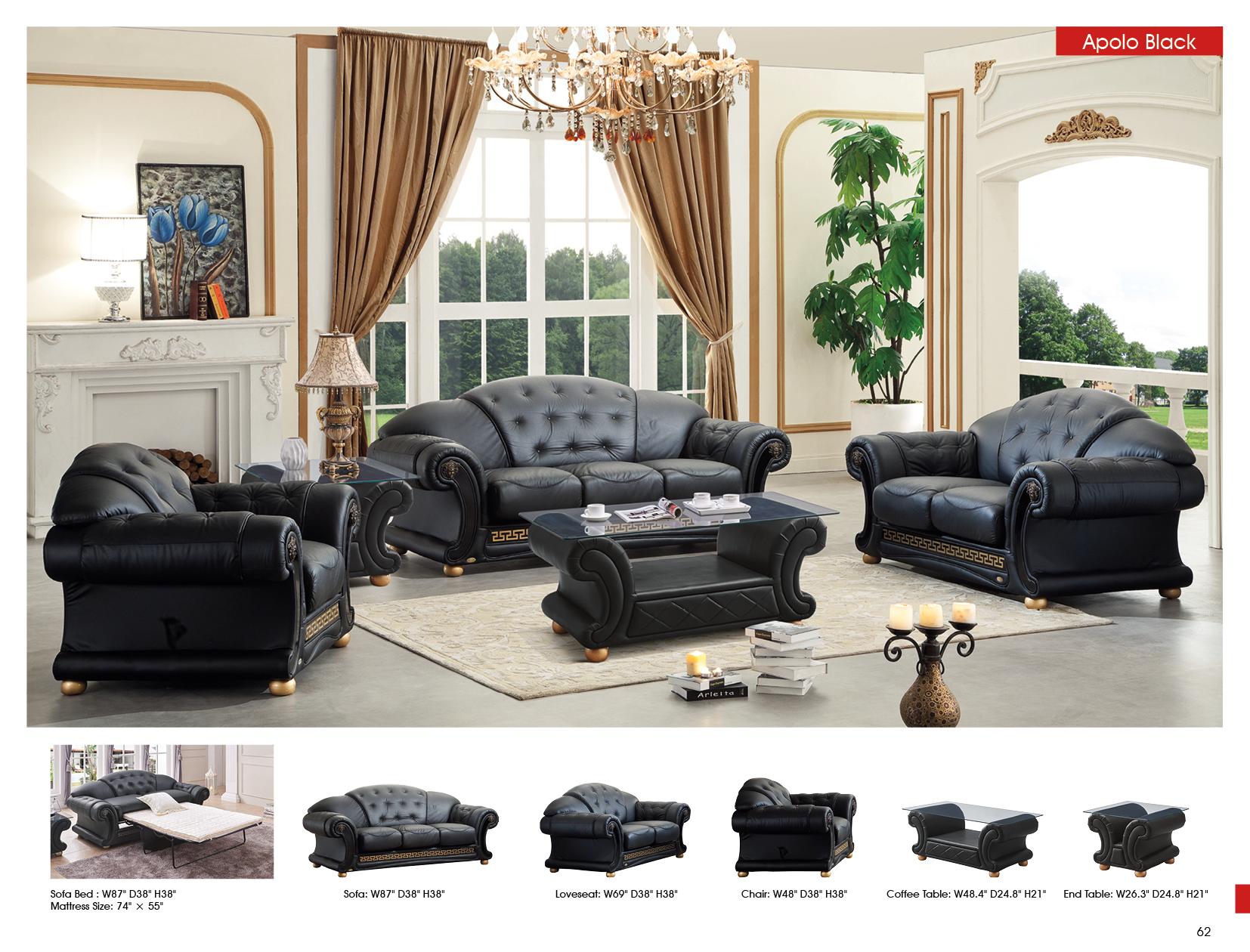 

    
 Photo  Black Genuine Leather Sofa Set w/Coffee Table 4Pcs Traditional Made in Italy ESF Apolo
