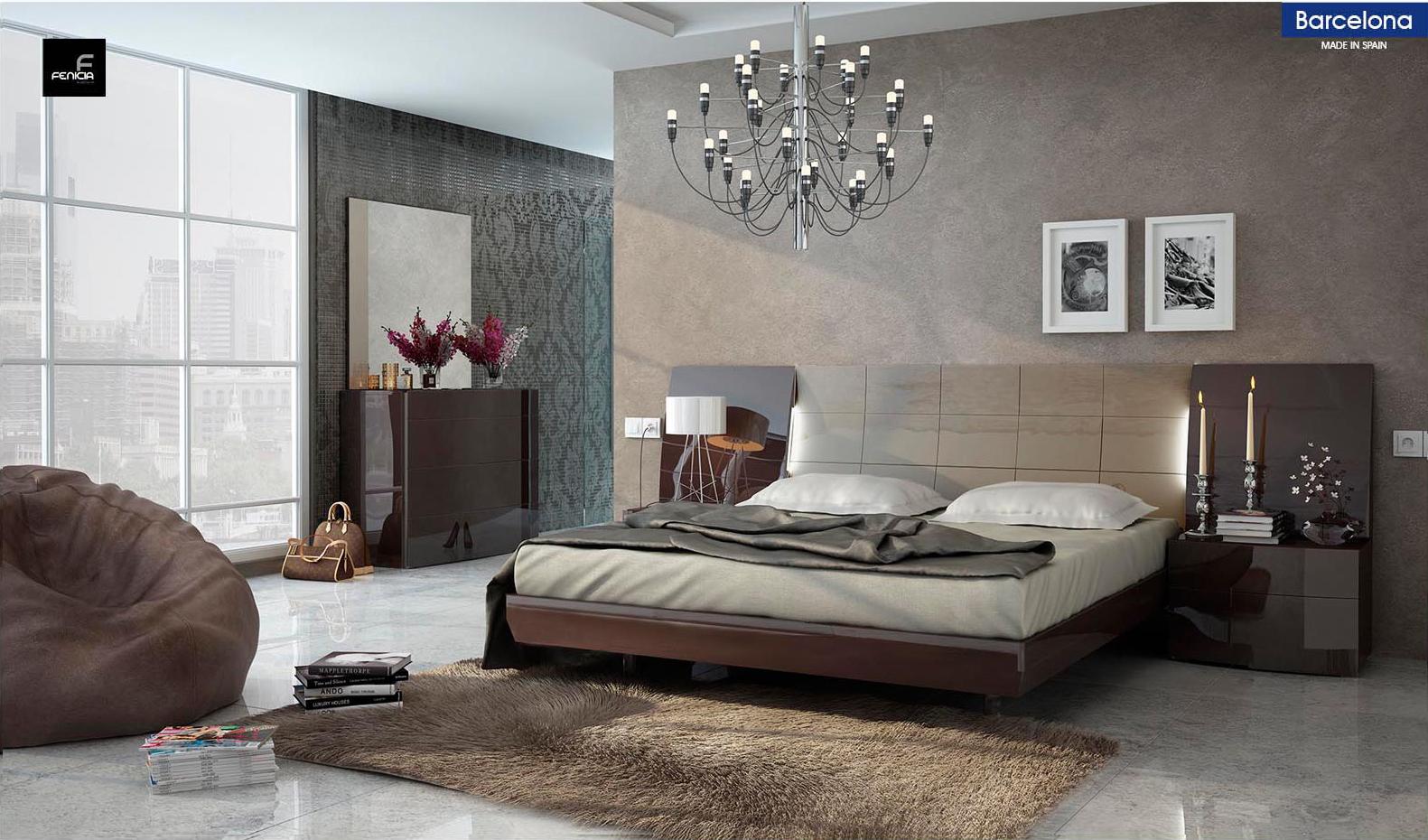 Contemporary Platform Bedroom Set Barcelona ESF-Barcelona-Q-2NDM-5PC in Ivory, Chocolate 