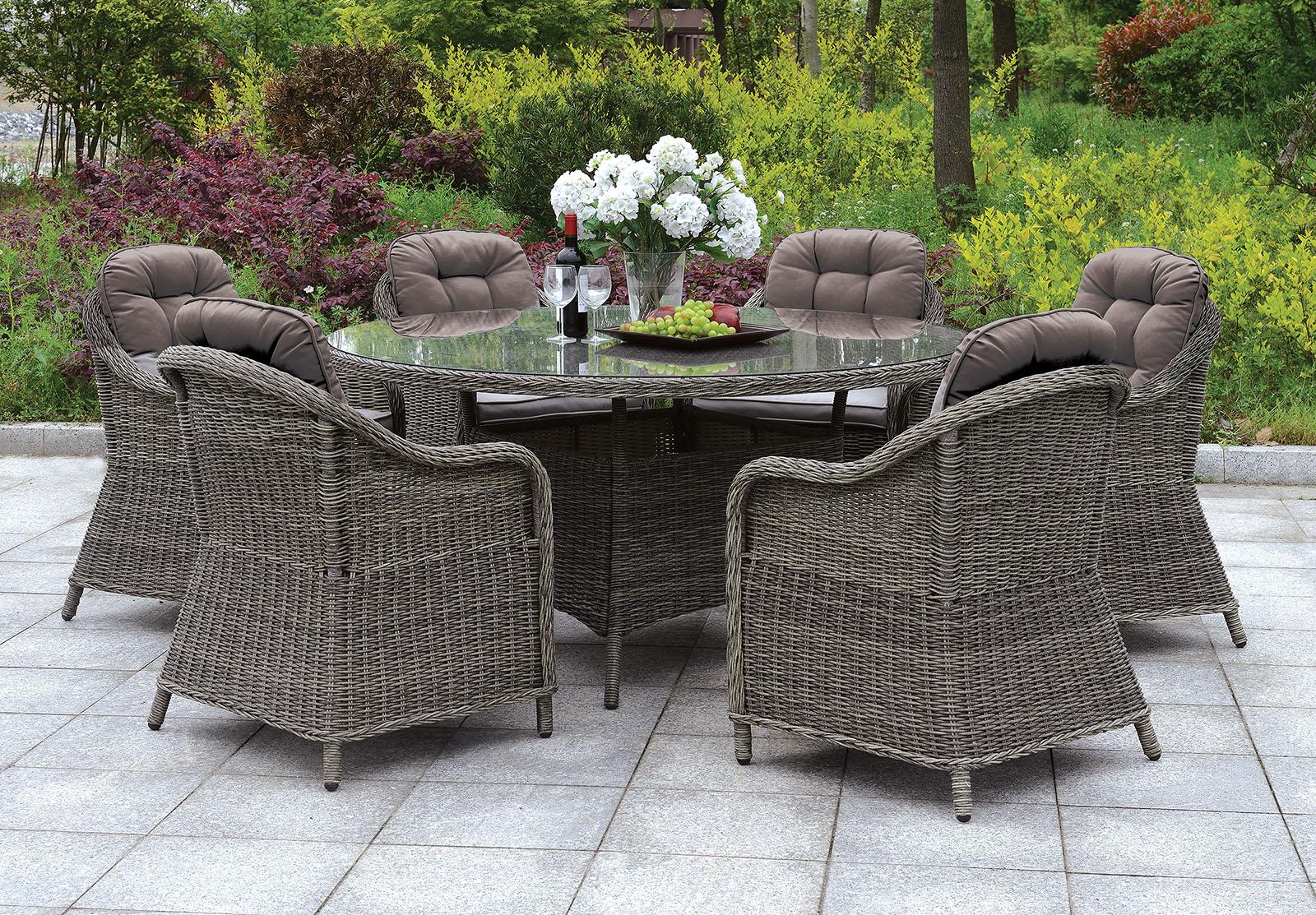 

    
Furniture of America Canistota Outdoor Gray Wicker 59" Round Dining Table Set 7Pcs
