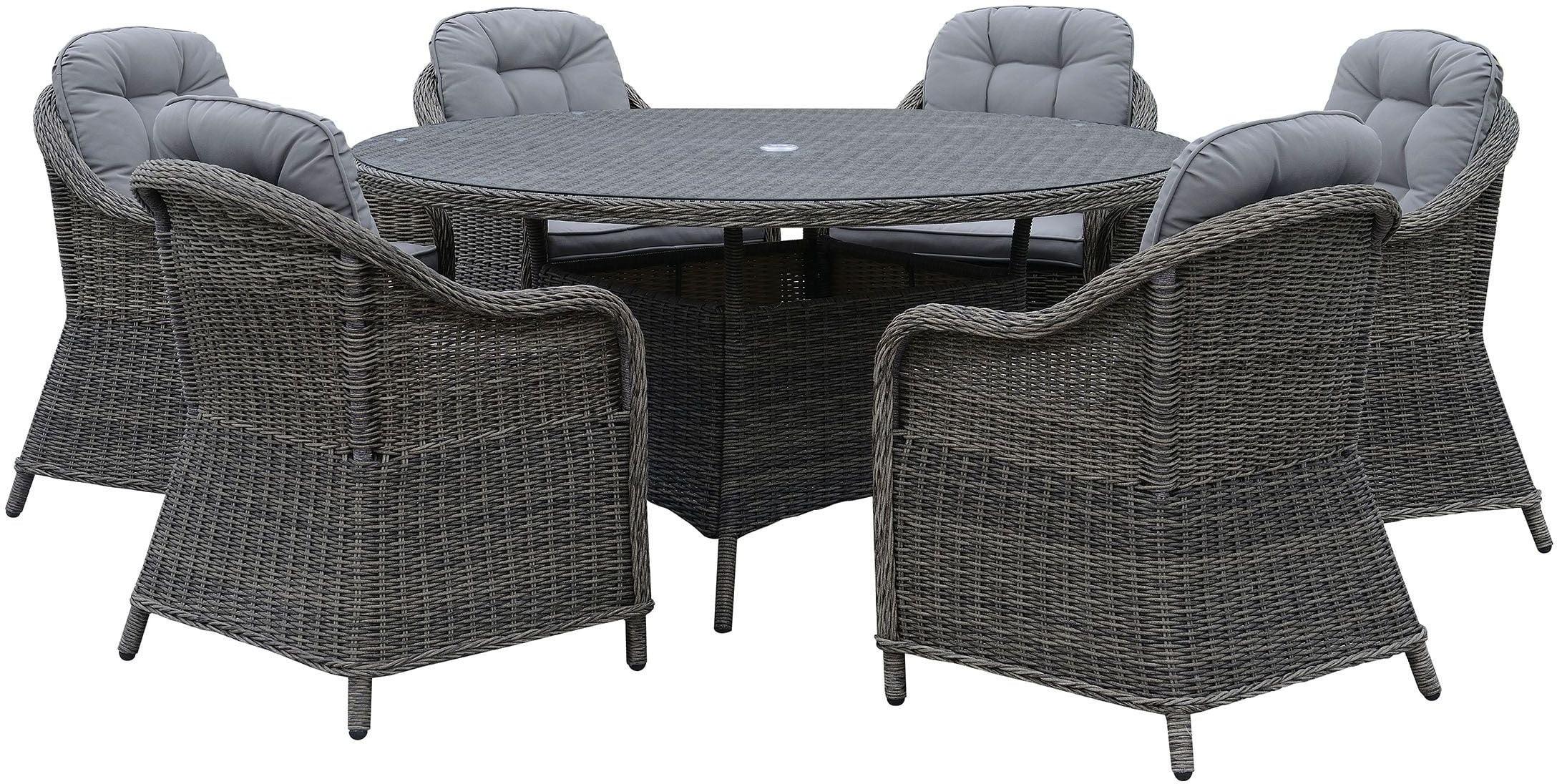 

    
Furniture of America Canistota Outdoor Gray Wicker 59" Round Dining Table Set 7Pcs
