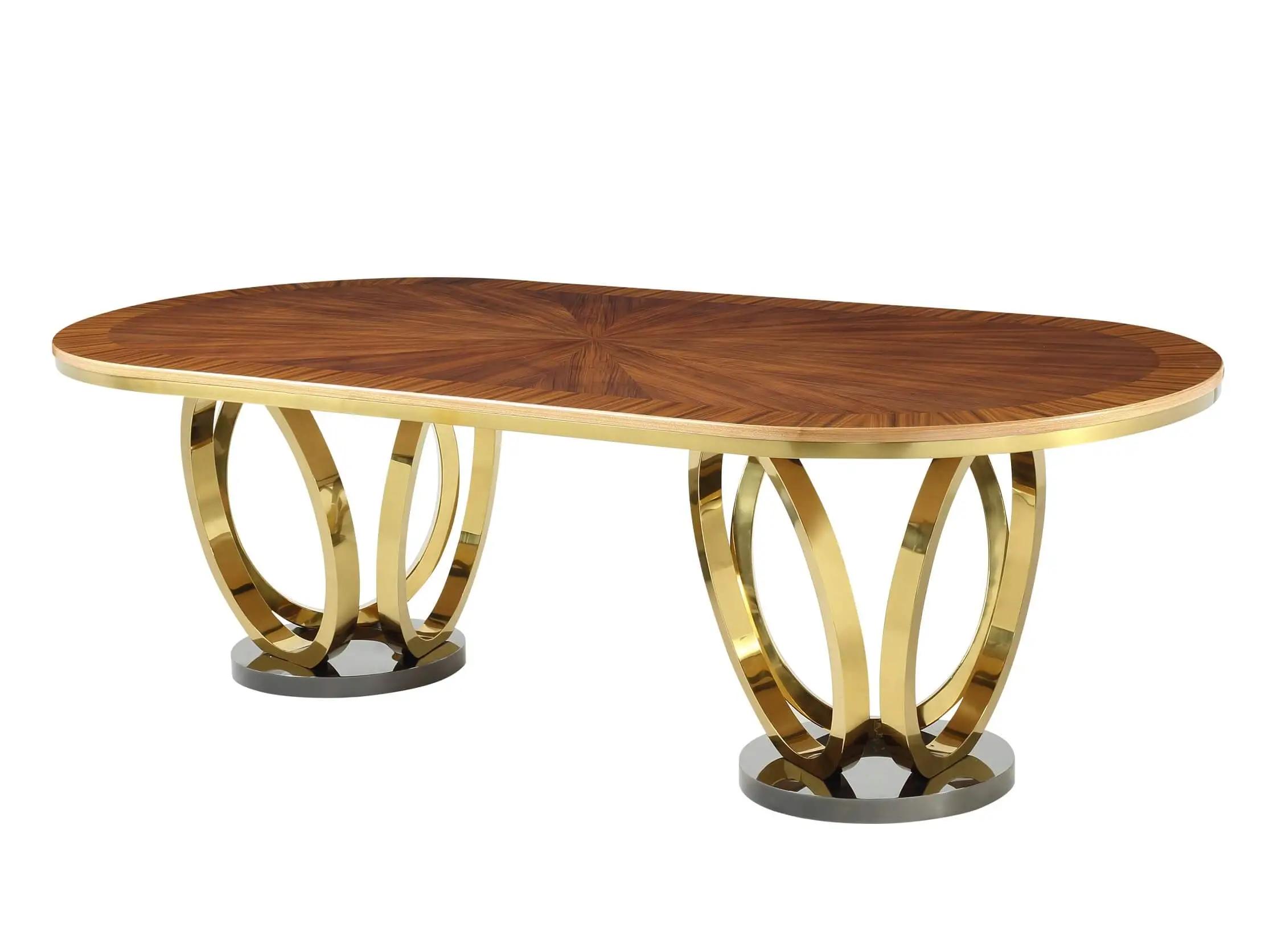 

    
EUROPEAN FURNITURE Galaxy Oval Dining Table Set Gold/Chocolate/Beige EF-54425-DT- EF-54450-BSC-7PC
