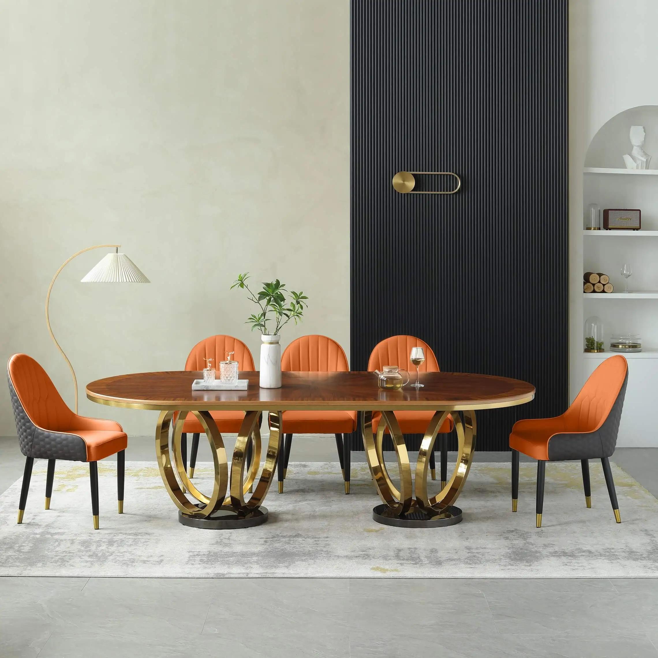 Modern Dining Table Set Galaxy EF-54425-DT- EF-54450-OSC-7PC in Orange, Gold, Chocolate Faux Leather