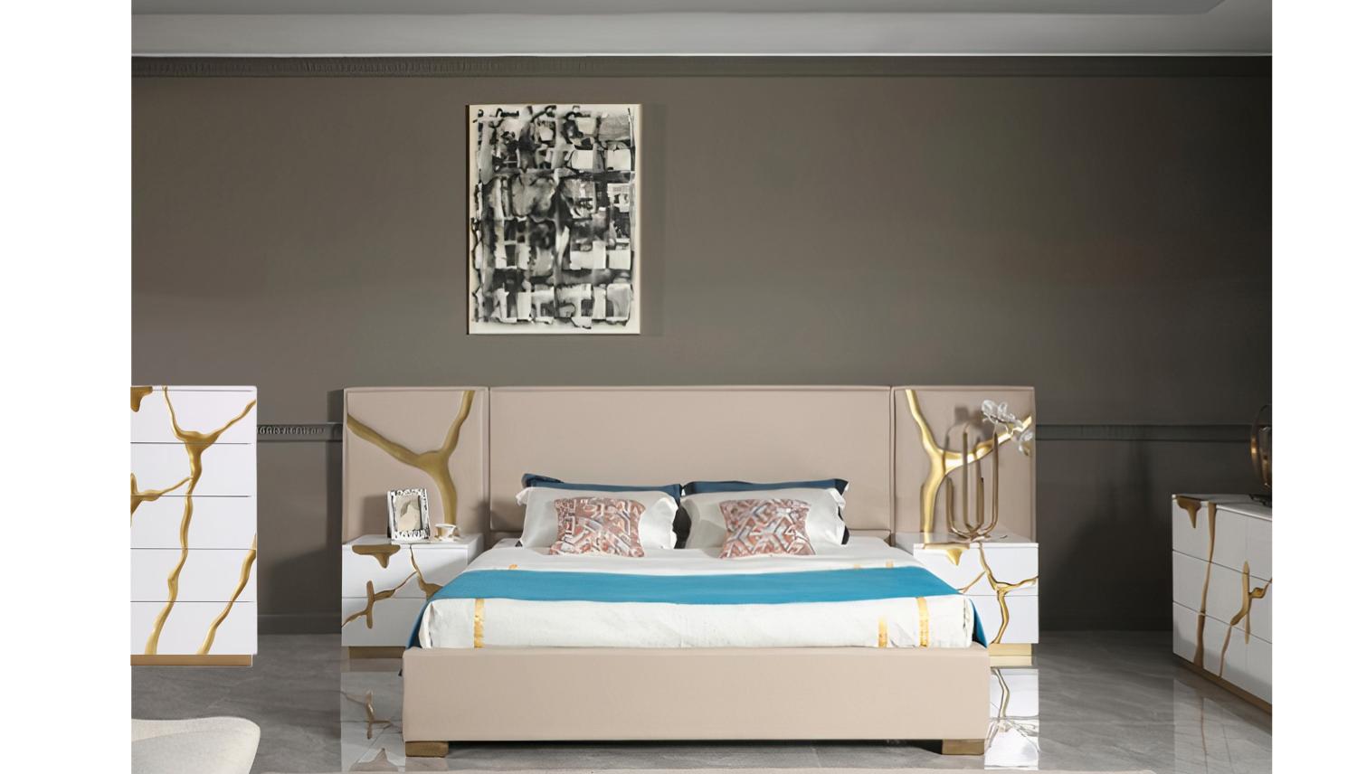 

    
Glam Beige Leather & Gold King Platform Bedroom Set 6Pcs by Modrest Aspen
