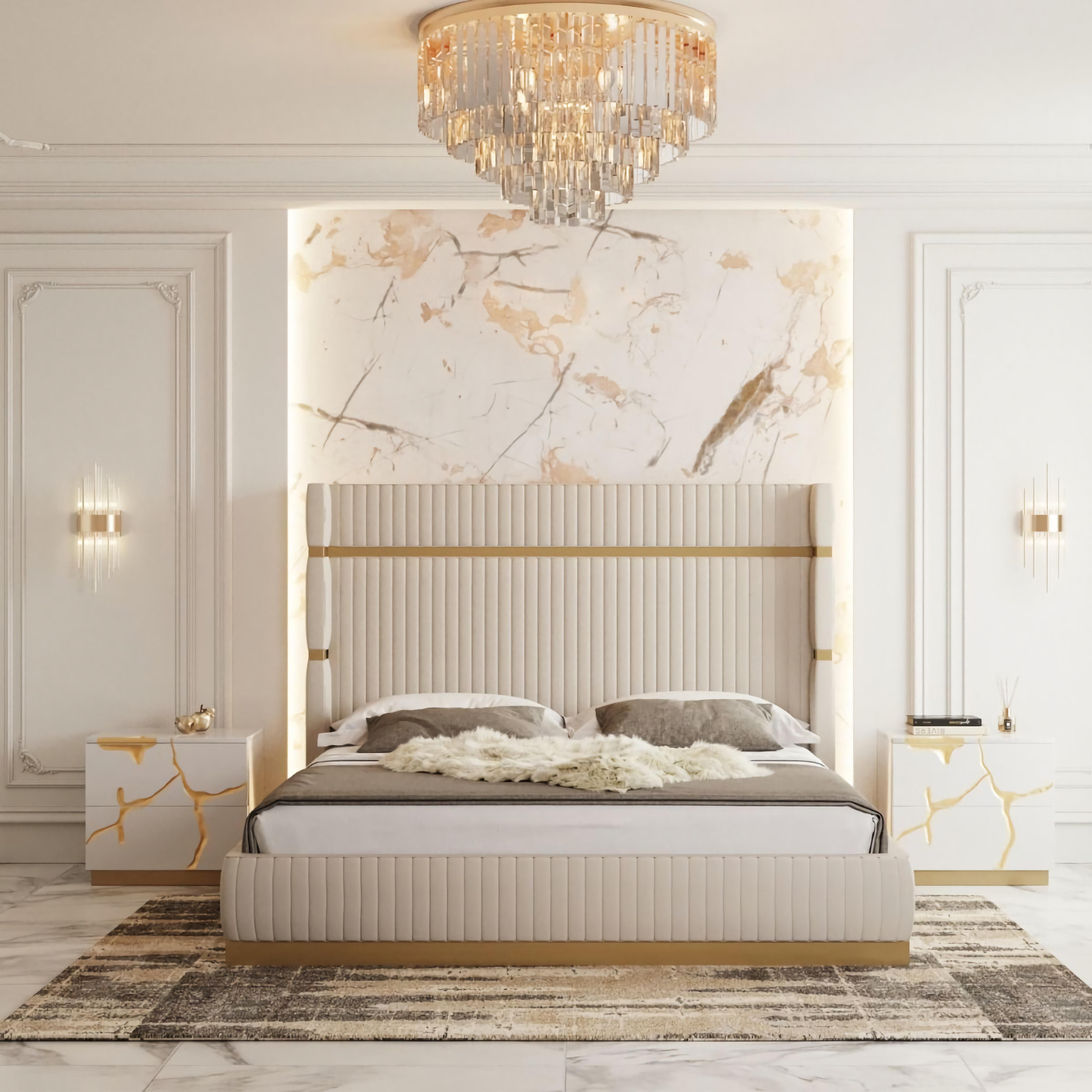 

    
Glam Beige Leather & Gold Queen Platform  Bedroom Set 3Pcs by Modrest Sterling

