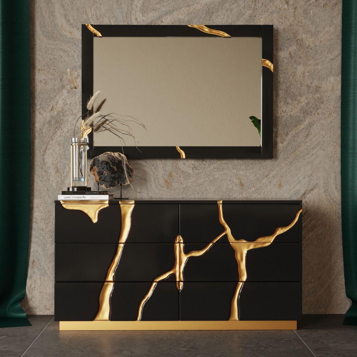 Contemporary, Modern Dresser With Mirror Aspen VGVCJ1801-D-BLKX-DRS-2pcs in Gold, Black 