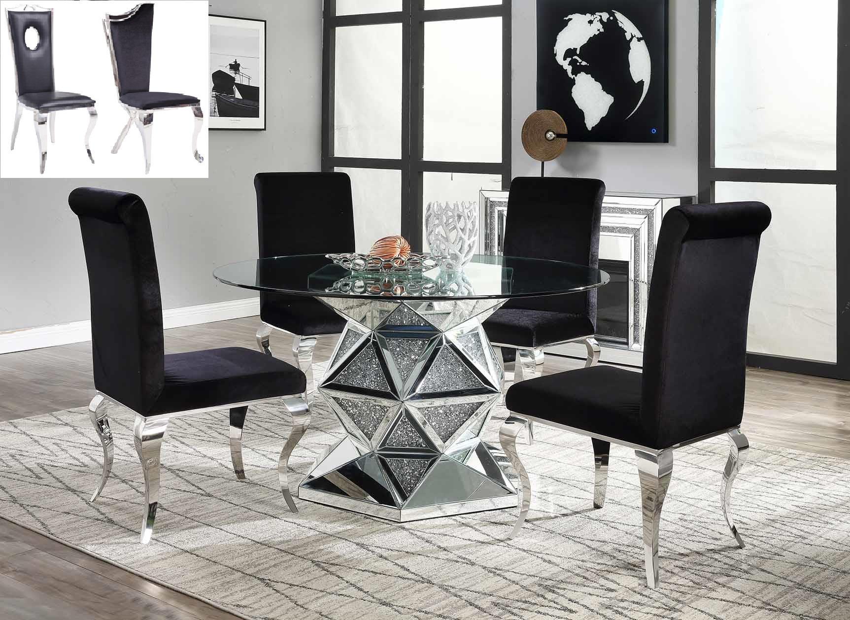 Contemporary, Transitional Dining Table Set Noralie 72145-62072-Set-5 in Mirrored, Silver Fabric
