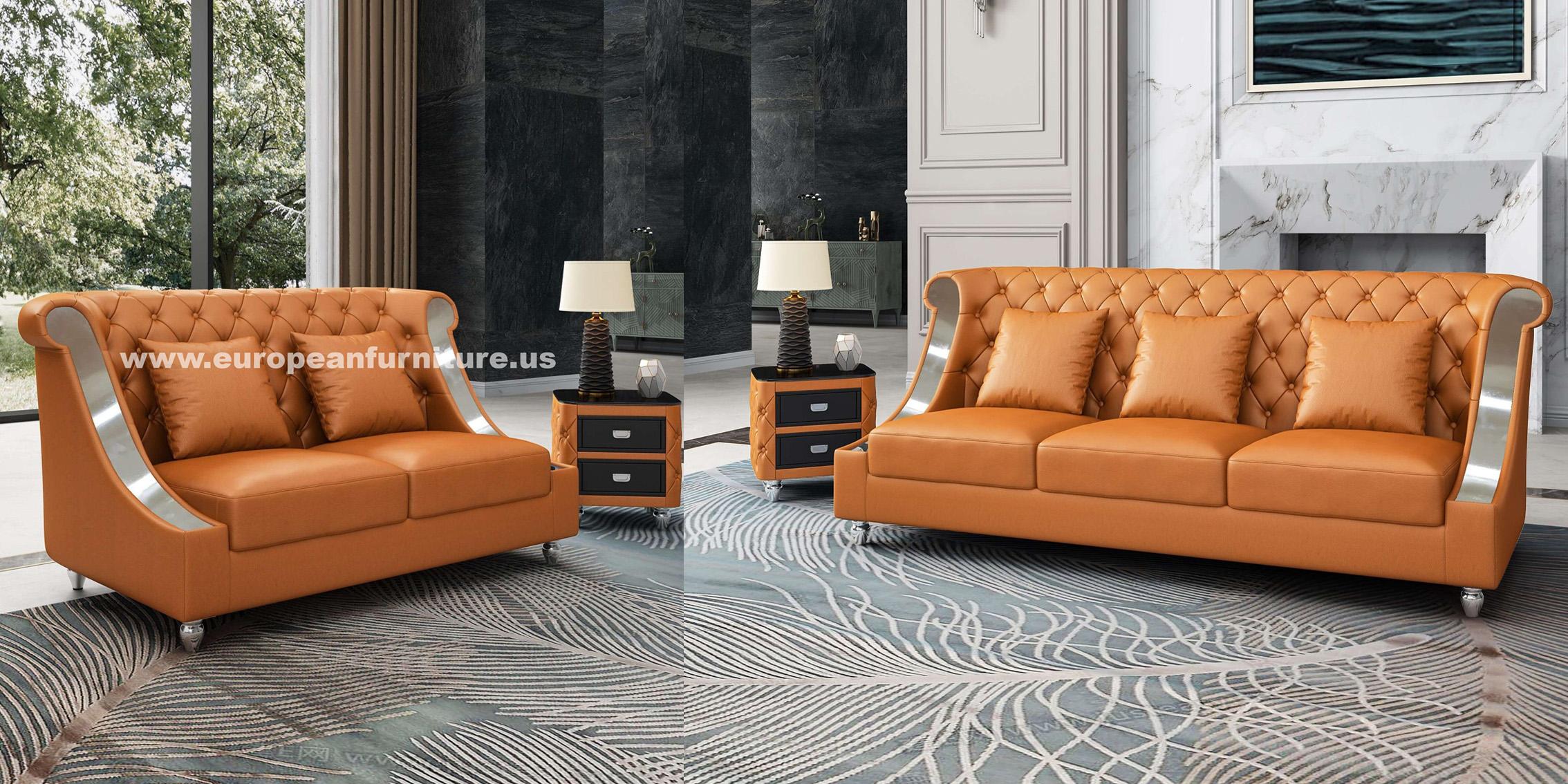 

    
Glam Cognac Italian Leather MAYFAIR Sofa Set 2Pcs EUROPEAN FURNITURE Modern
