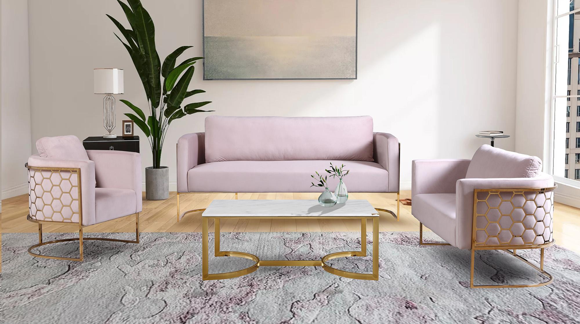 

    
 Photo  Glam Gold & Pink Velvet Sofa Set 2Pcs CASA 692Pink-S Meridian Contemporary Modern
