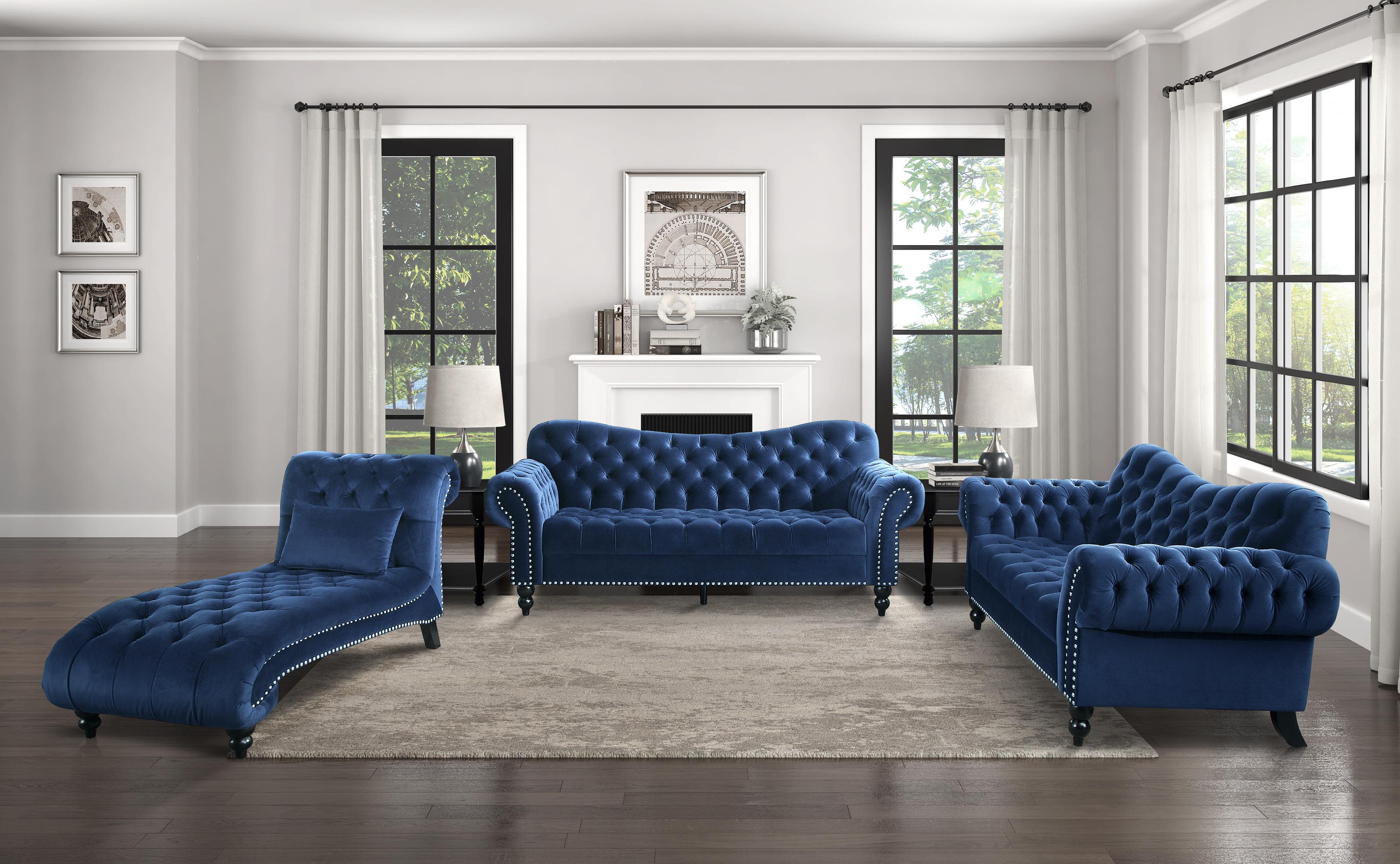 

    
Glam Navy Blue Velvet Living Room Set 3pcs Homelegance 9330BU Rosalie
