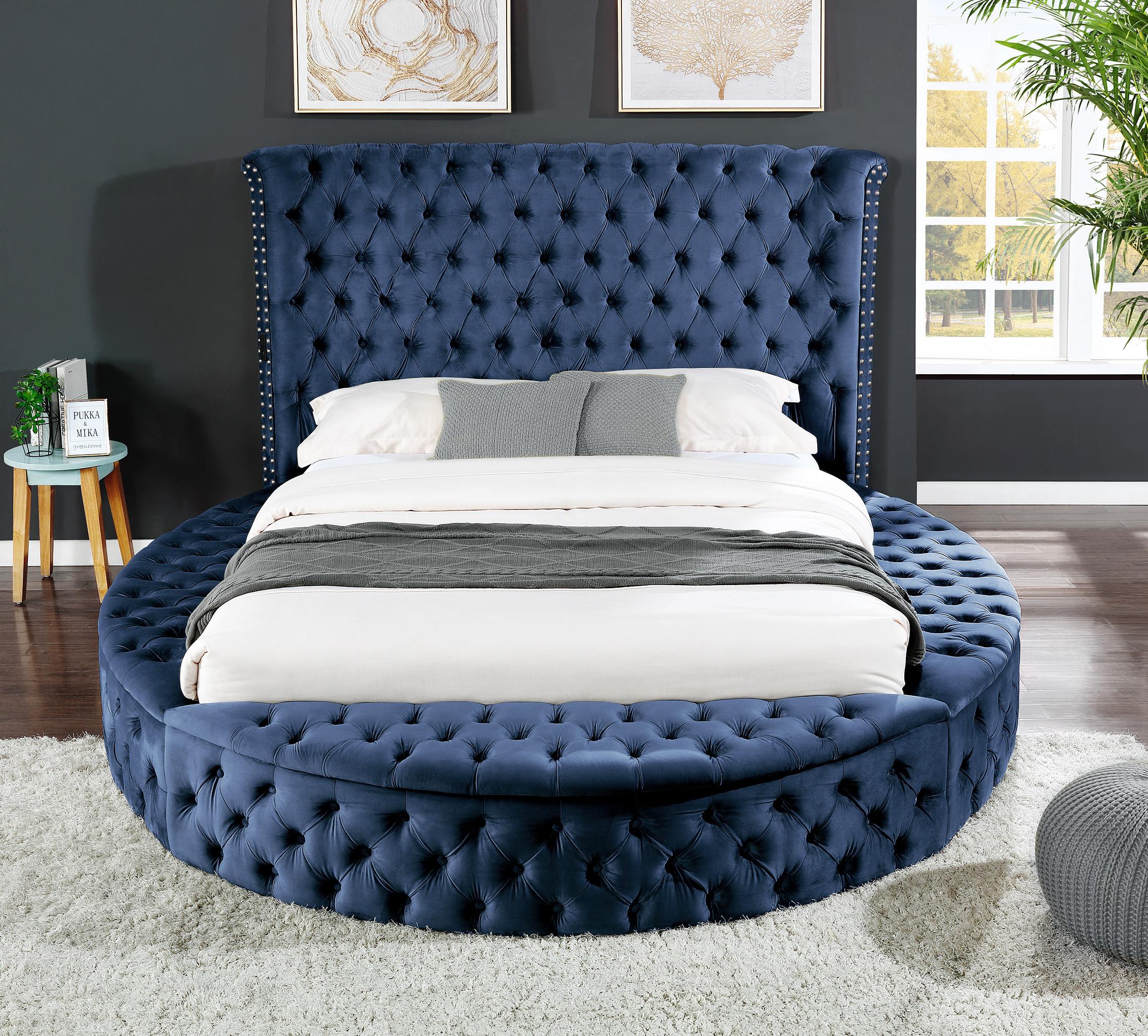 

    
Glam NAVY Velvet QUEEN Button Tufted Bed HAZEL Galaxy Home Contemporary Modern

