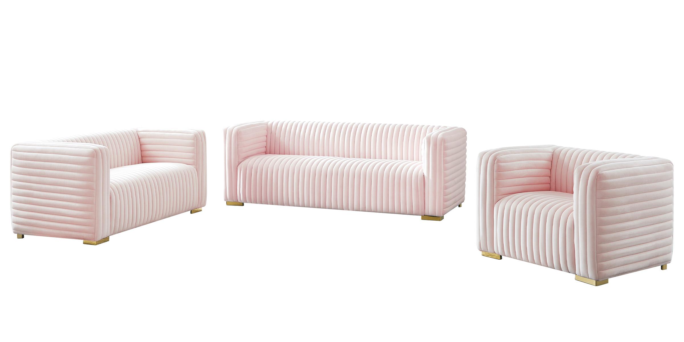

    
Glam PINK Velvet Channel Tufted Sofa Set 3Pcs Ravish 640Pink Meridian Modern
