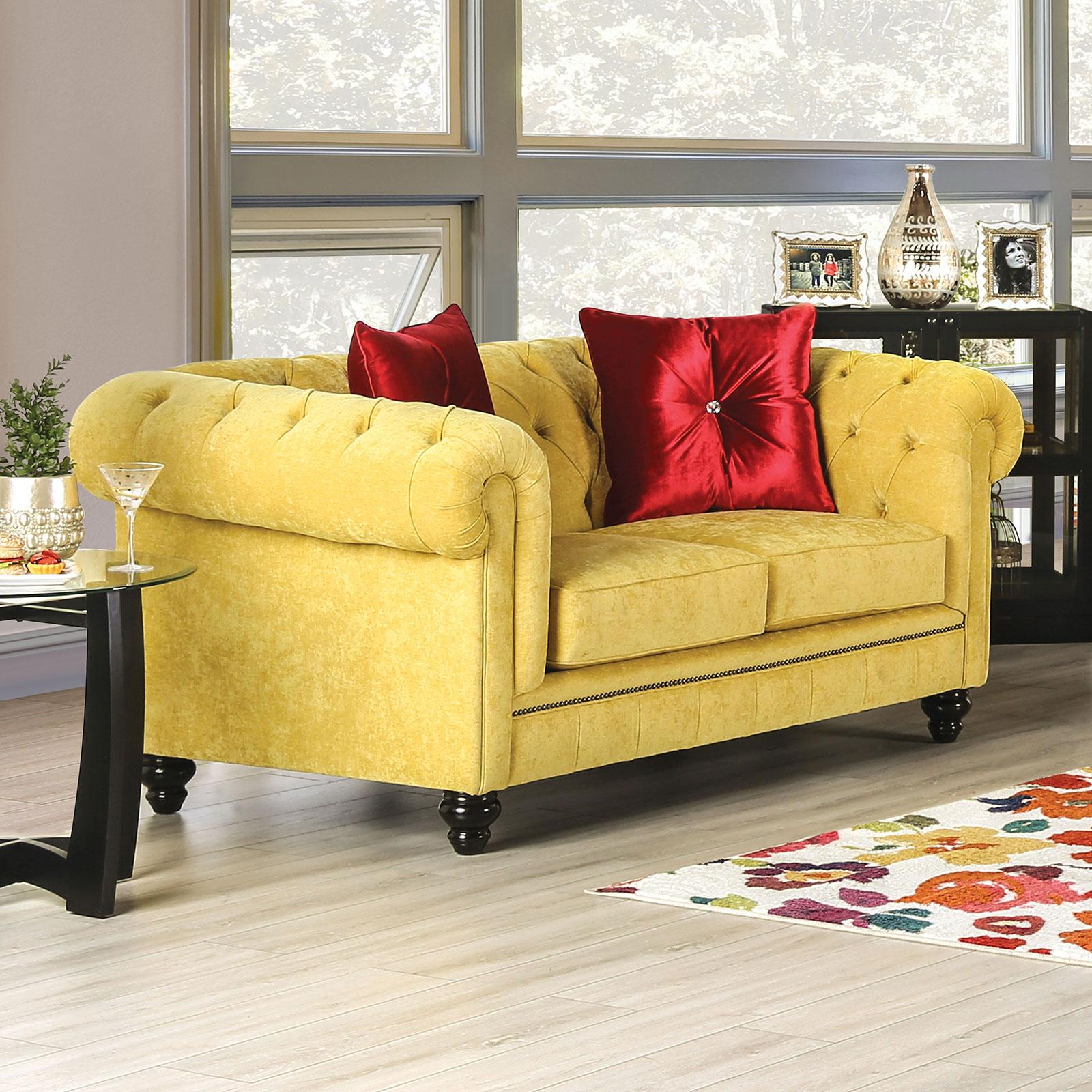 

    
Glam Royal Yellow & Red Microfiber Sofa and Loveseat Furniture of America Eliza
