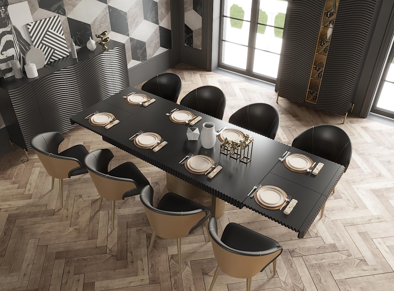 

    
 Shop  Glam Shiny Dark Grey Dining Table w/ 2 Ext. Set 7Pcs WAVE ESF  MADE IN SPAIN
