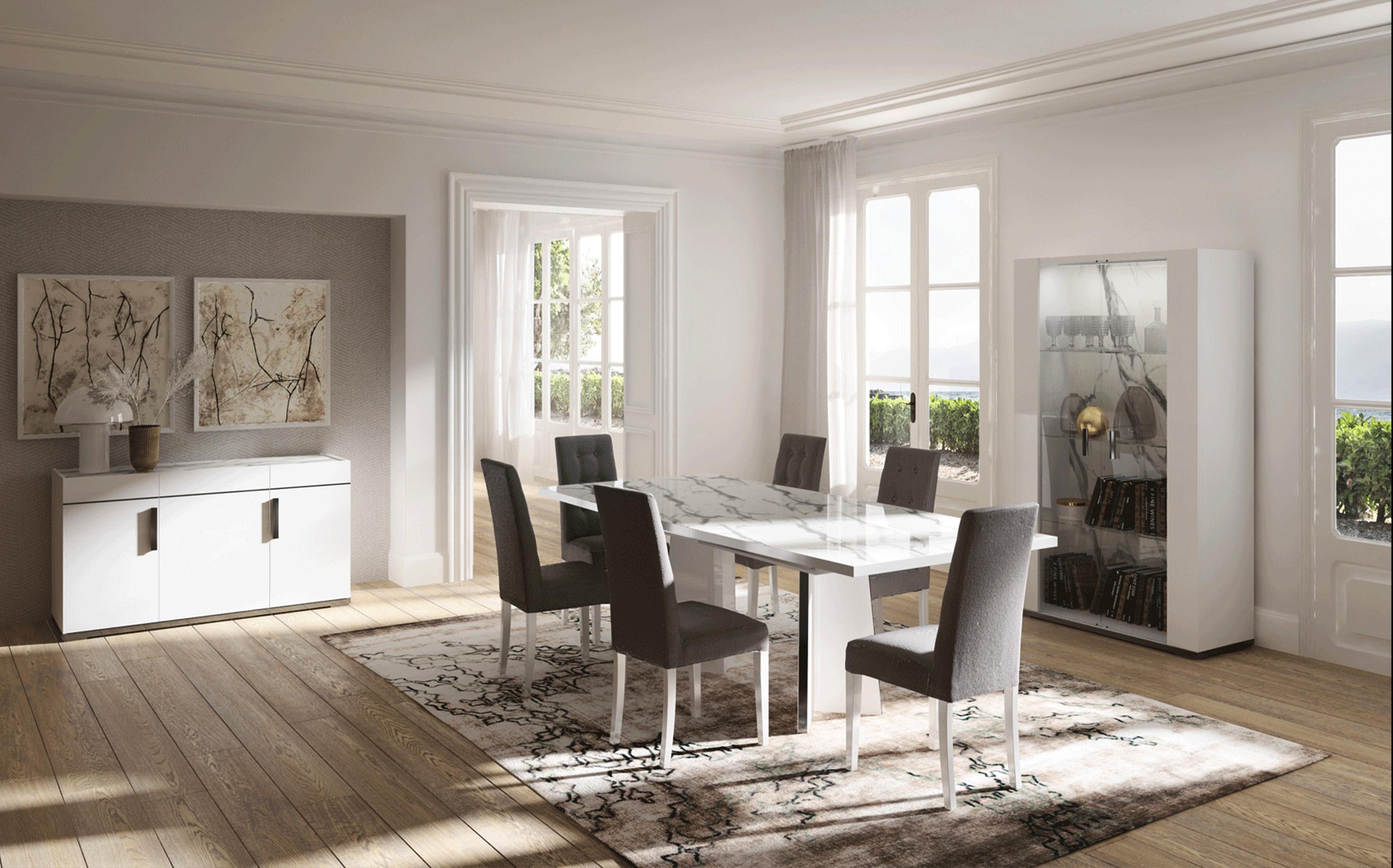 Contemporary, Modern Dining Table Set CARRARATABLE-Set CARRARATABLE-8PC in White, Gray Fabric