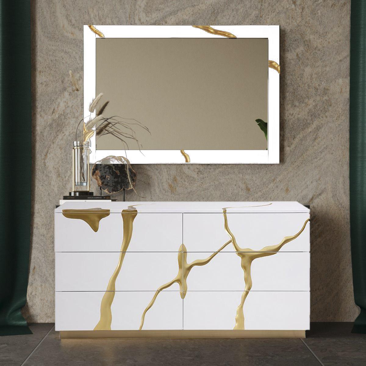 Contemporary, Modern Dresser With Mirror Aspen VGVCJ1801-D-WHT VGVCJ1801-D-WHT-Set-2 in White, Gold 