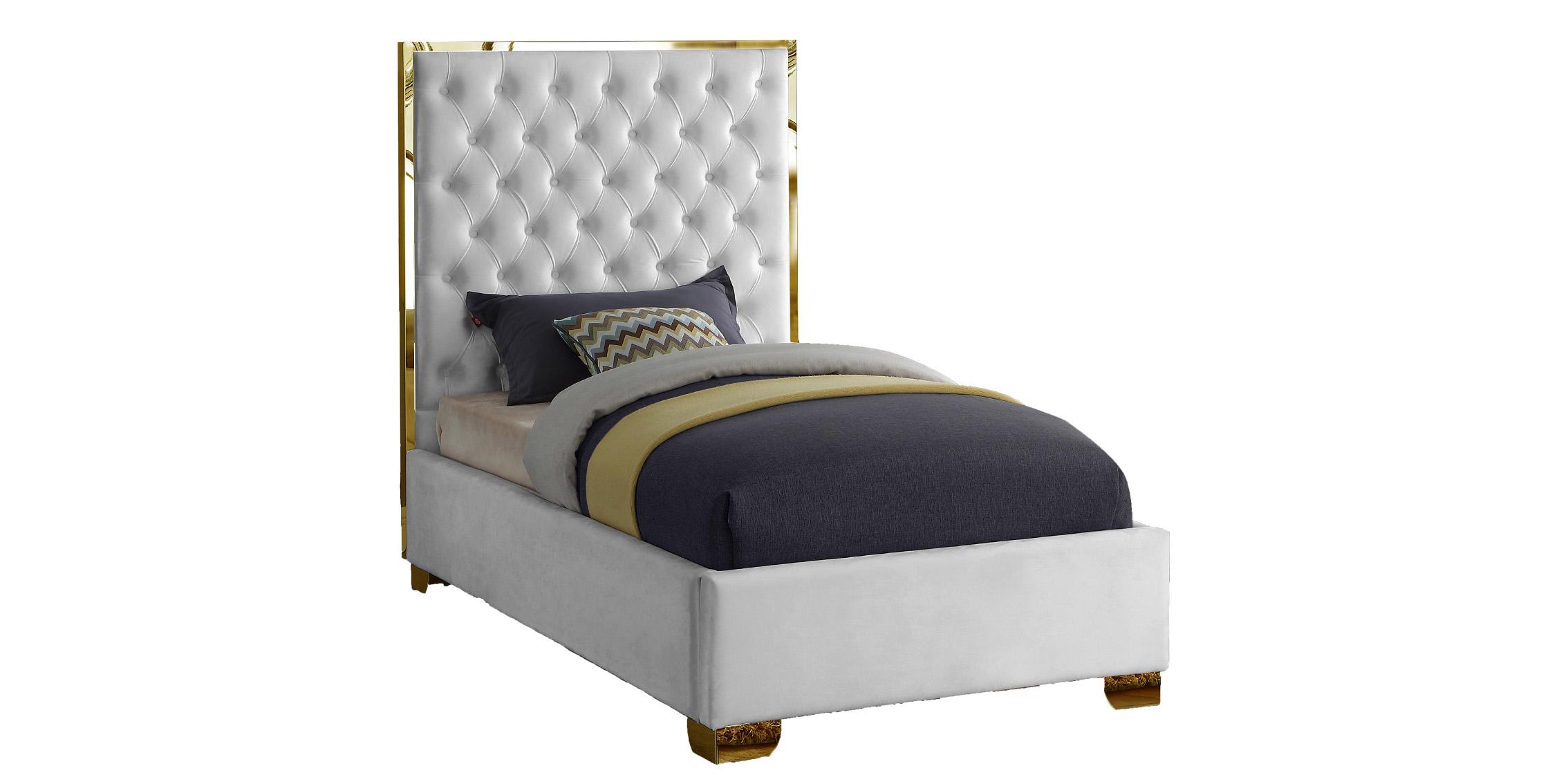 

    
Glam White Velvet & Gold Trim Deep Tufting Twin Bed LANA Meridian Contemporary
