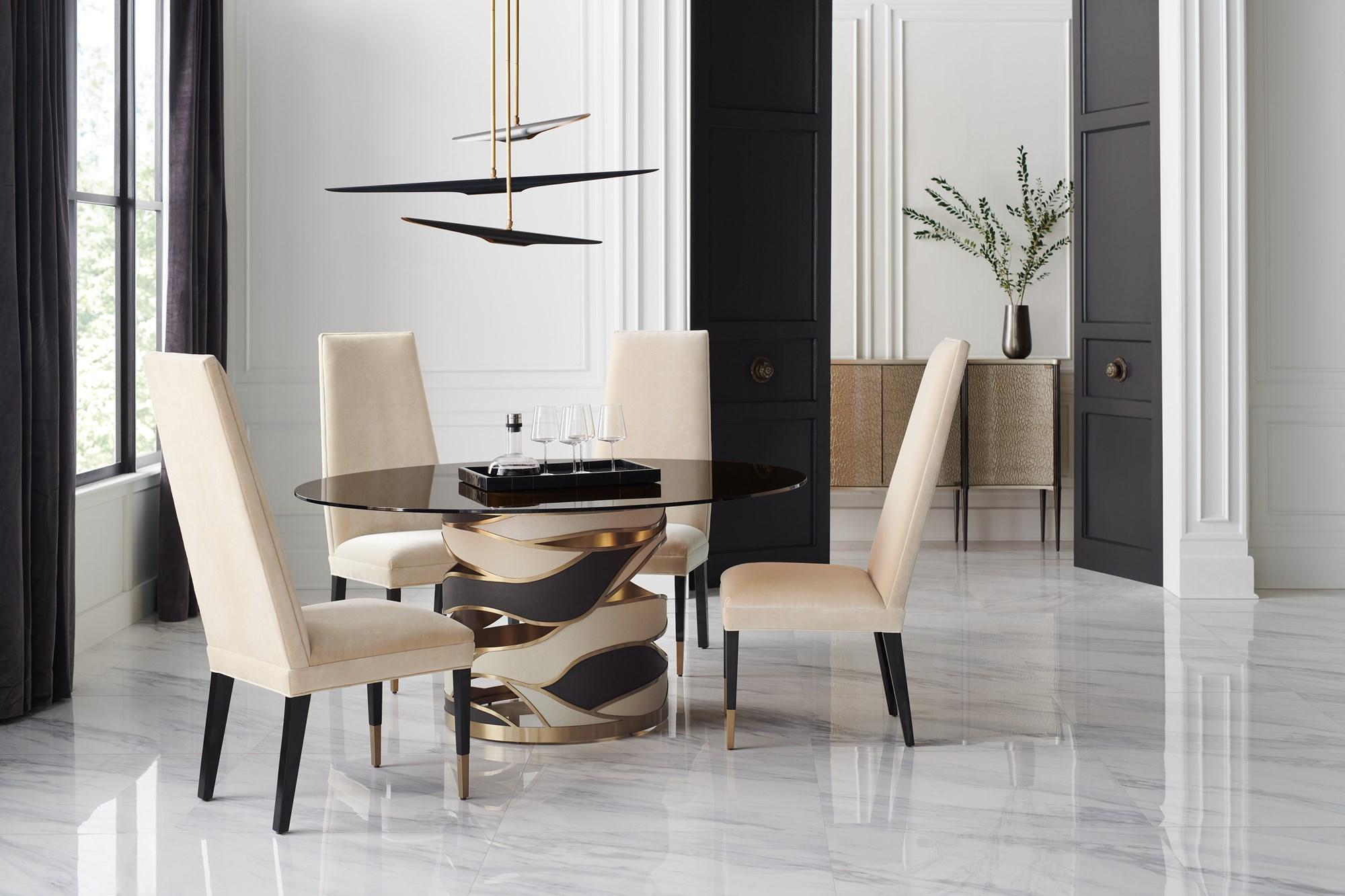 Contemporary Dining Table Set VIEW FROM THE TOP / THE MASTERS DINING SIDE CHAIR SIG-021-201B-Set-5 in Silver, Gold, Chocolate Fabric