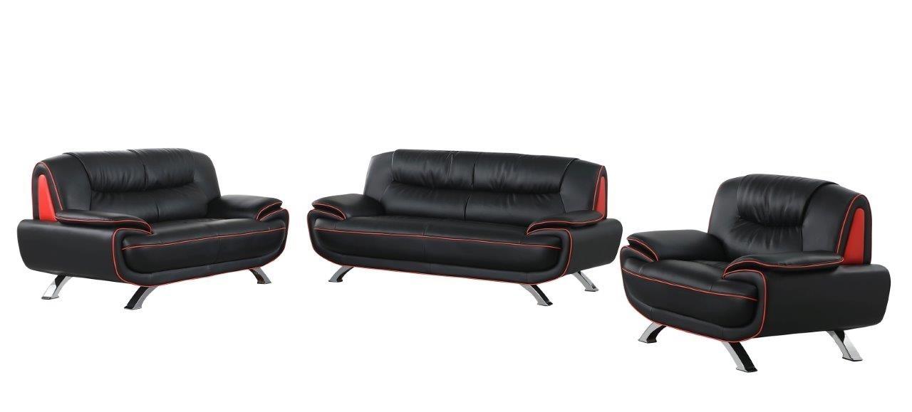 Contemporary Sofa Loveseat and Chair Set 405 405-BLACK-3-PC in Red, Black Leather gel match