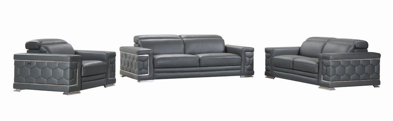Contemporary Sofa Loveseat and Chair Set 692 692-DARK-GRAY-3-PC in Dark Gray Genuine Leather