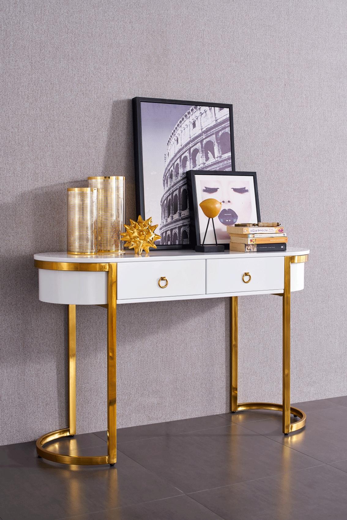 Contemporary, Modern Console Table 131BUFFETGOLD 131BUFFETGOLD in White, Gold 