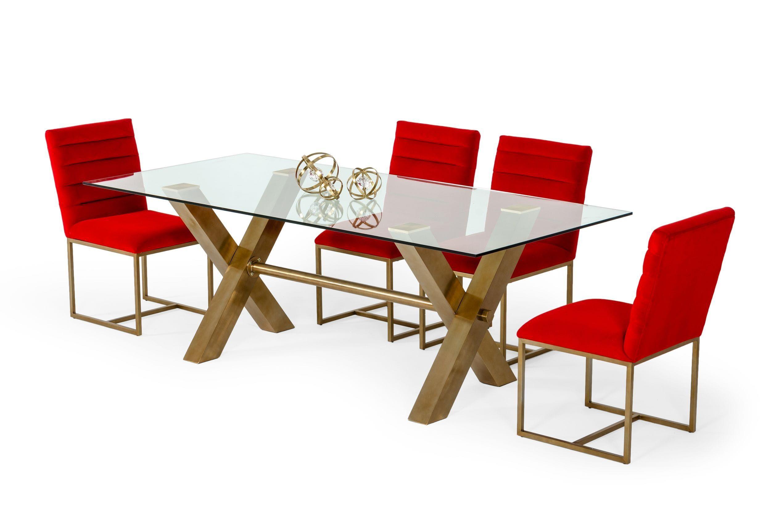 

    
Gold Legs & Glass Top Dining Table + 4 Red Chairs by VIG Modrest Dandy

