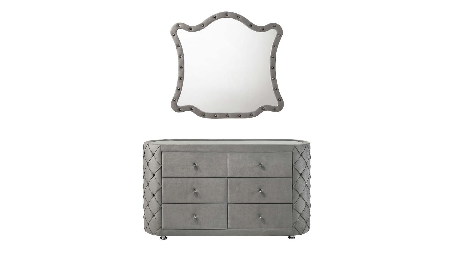 Contemporary, Modern Dresser With Mirror Perine BD01065-2pcs in Gray Velvet
