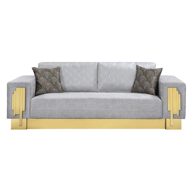 

    
Gray Fabric Sofa Set 3Pcs w/Coffee Table Gold Finish Modern Cosmos Furniture Megan
