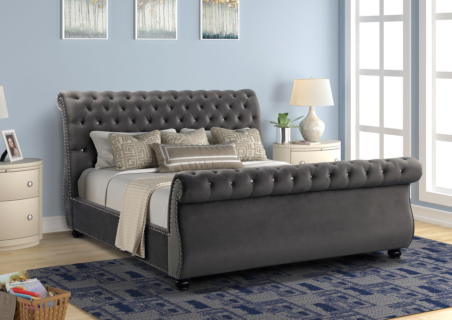 

    
Gray Velvet Crystal Tufted King Bed Set 4Pcs KENDALL Galaxy Home Contemporary
