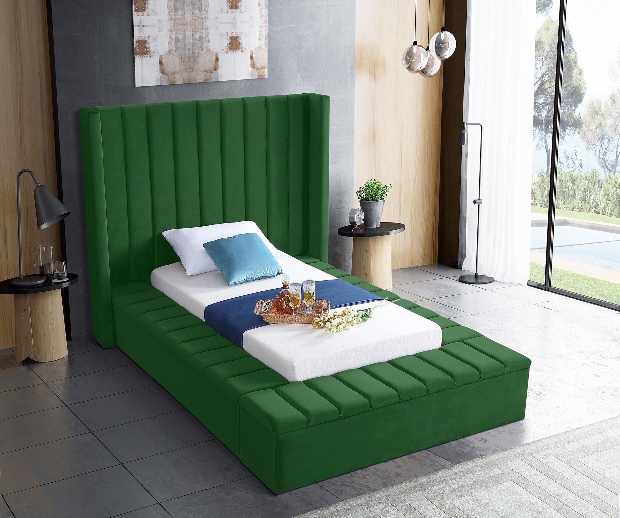 

    
Green Velvet Channel Tufted Storage Twin Bed KIKI Meridian Contemporary Modern
