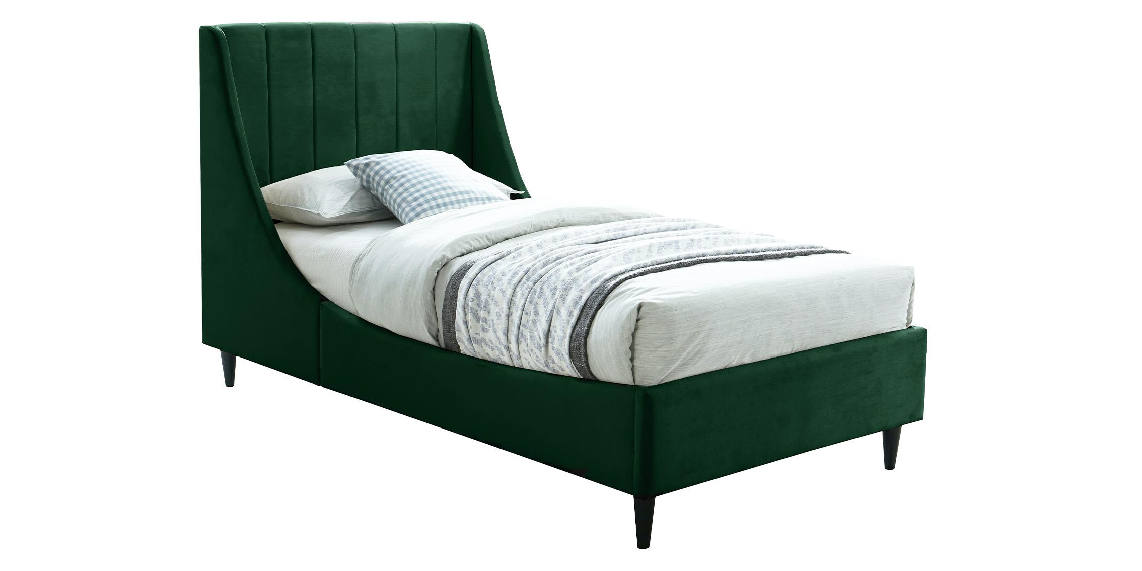 

    
Green Velvet Channel Tufted Twin Bed EVA EvaCream-T Meridian Contemporary
