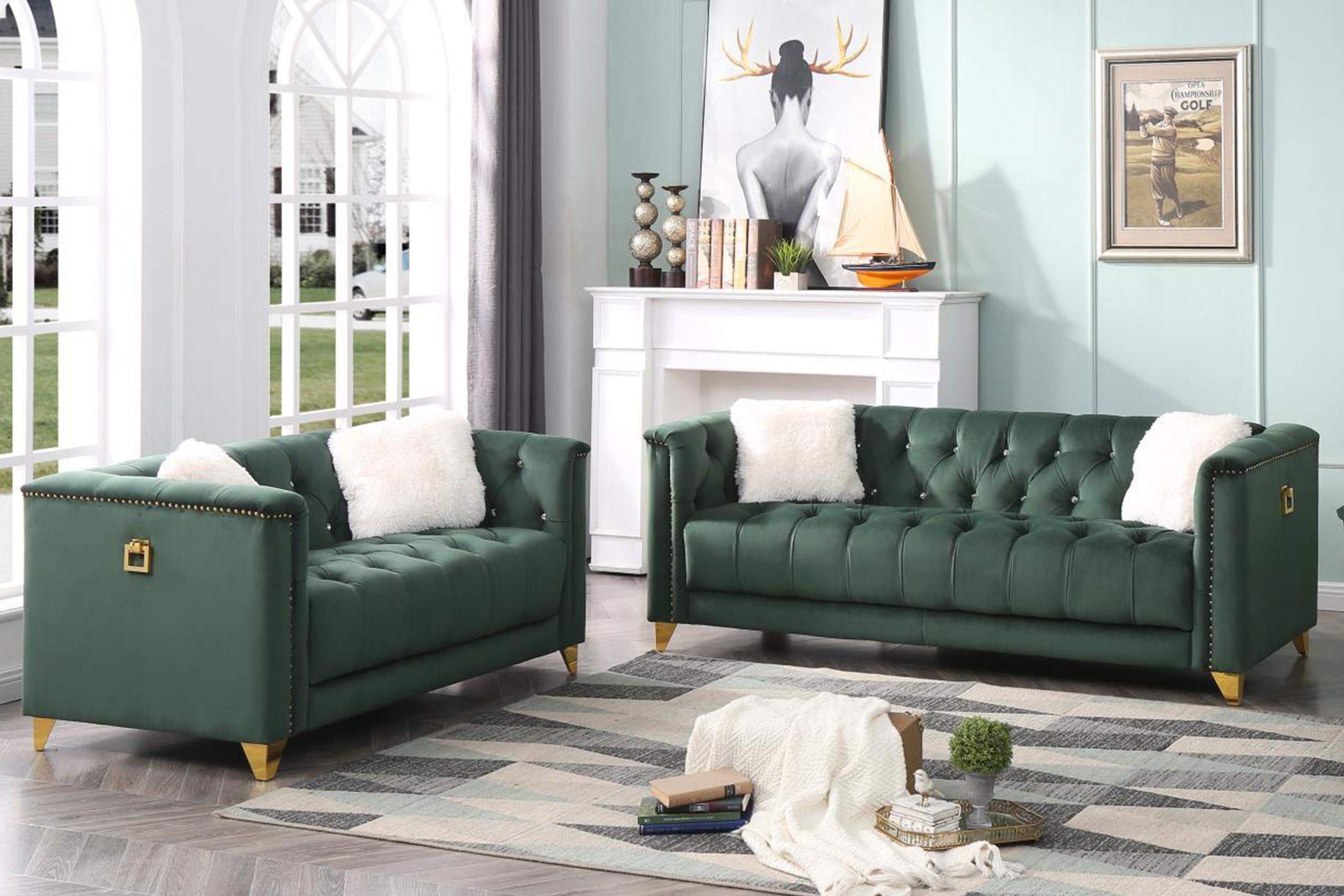 

    
Green Velvet Crystal Tufted Sofa Set 2P RUSSELL Galaxy Home Contemporary Modern
