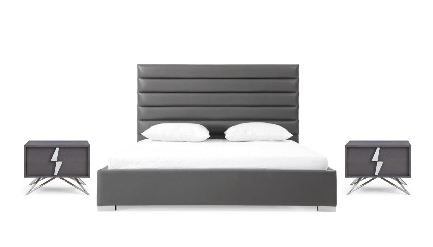 Contemporary, Modern Panel Bedroom Set Lucy VGVCBD1708-GRYPU-Q-3pcs in Gray Leatherette